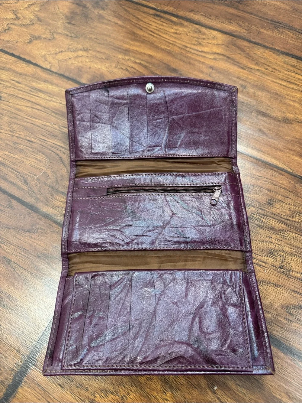 Burgundy Plum Tri Fold Wallet Clutch Organizer Snap Zip Pocket